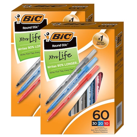 Bic Round Stic Xtra Life Ballpoint Pens, Medium, Assorted, PK120 BICGSM609AST